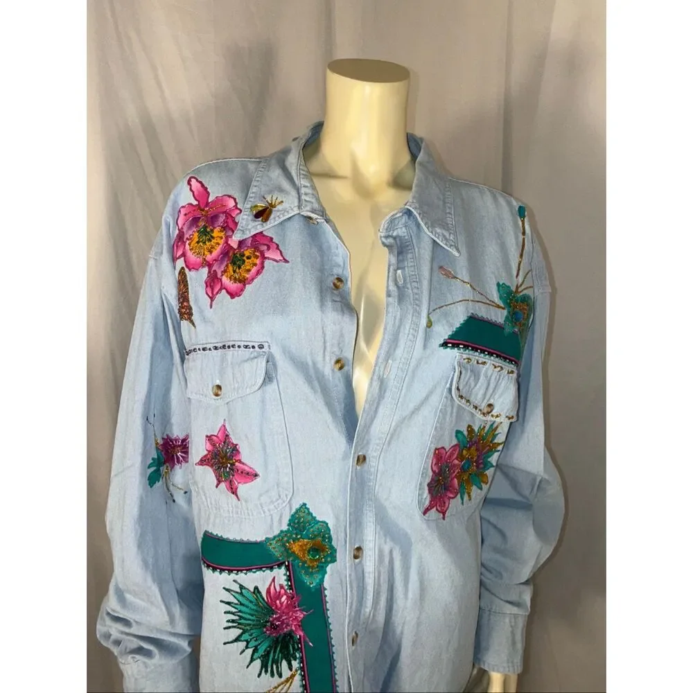 Basic Editions Oversized Denim Shirt 3X – Hand Embellished Floral & Butterfly We